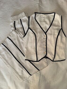 Cream Two-Piece Linen Set with Black Striping